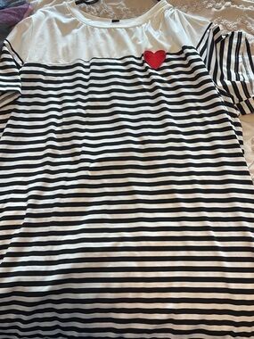 SHEIN Black & White Striped Midi Dress with Red Heart Patch